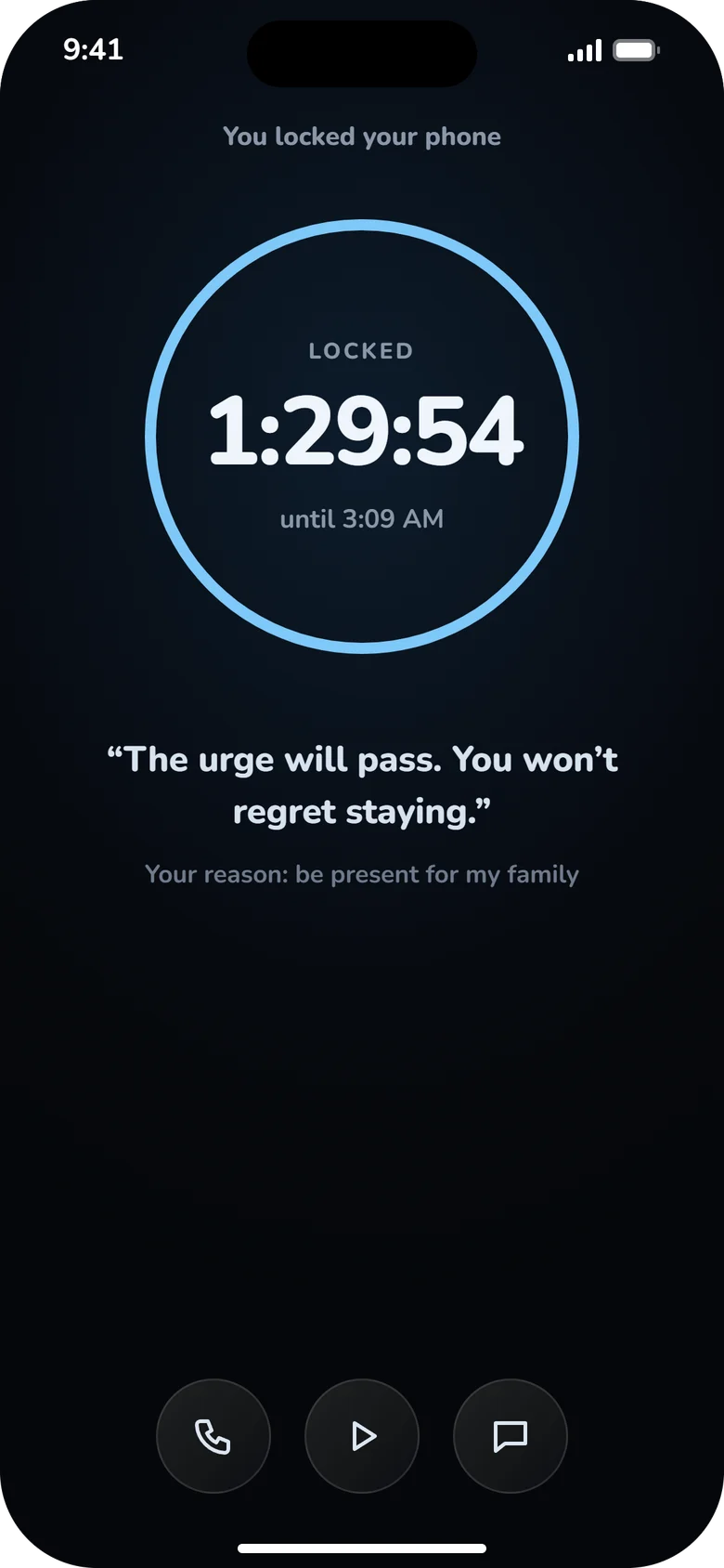 Flamico's lock screen counting down: locked for 1 hour 29 minutes, with the reason “be present for my family”.