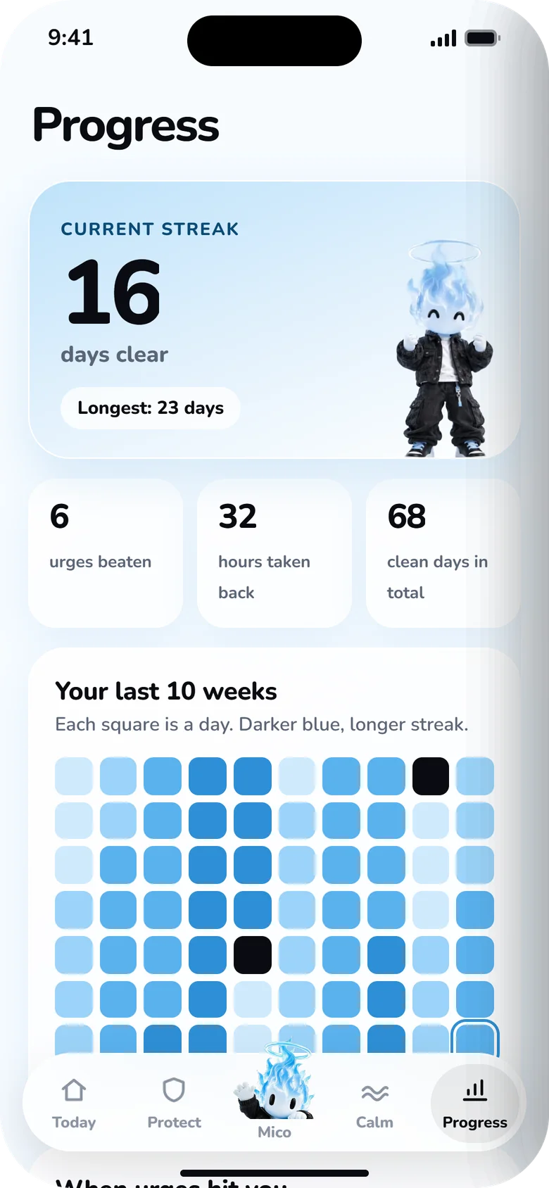 Progress: current streak 16 days, longest 23 days, a 10-week calendar.